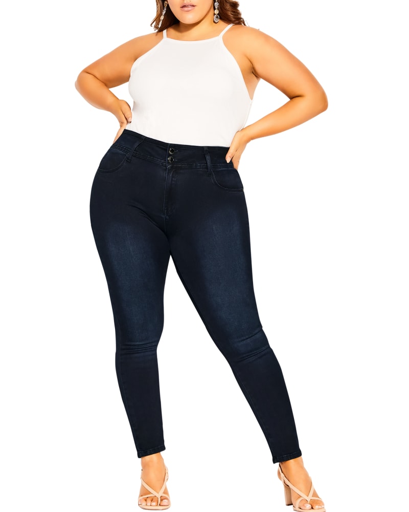 Plus size model wearing Harley Edgy Dark Wash Skinny Jean by City Chic | Dia&Co | dia_product_style_image_id:192124